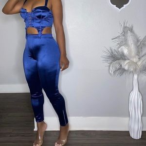 Sexy Blue Cropped Corset & Satin Leggings Set